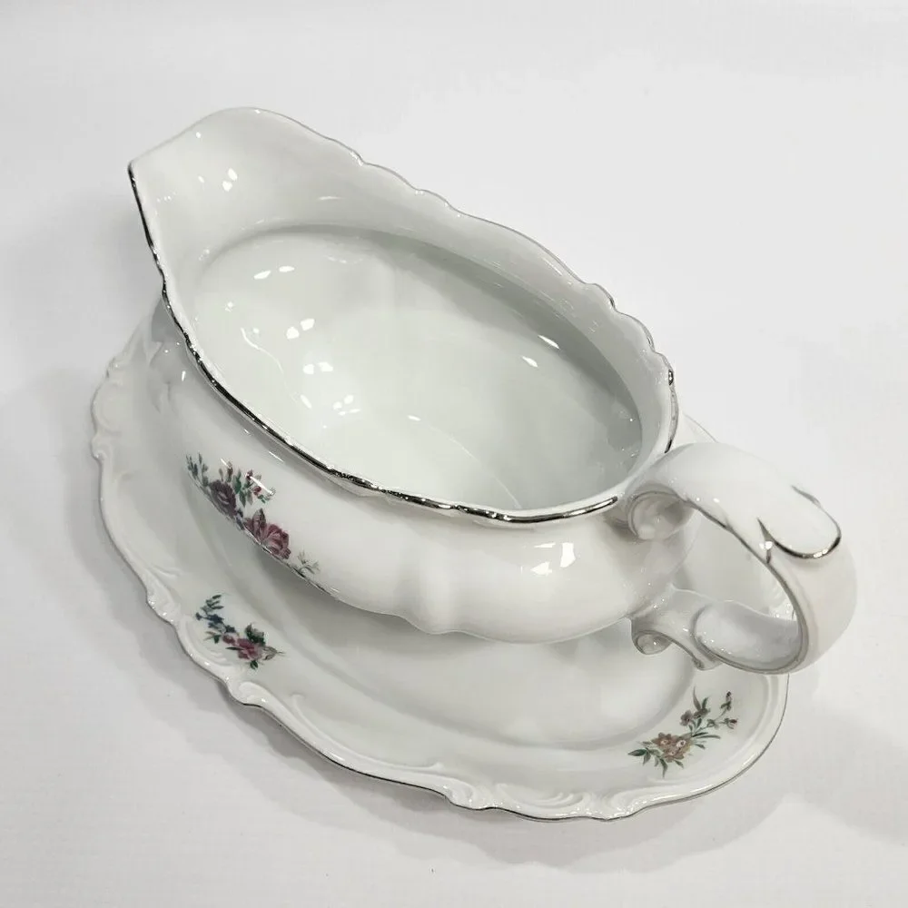 Crown‎ Bavaria Gravy Boat w Attached Underplate Germany Silver Trim Bouquet